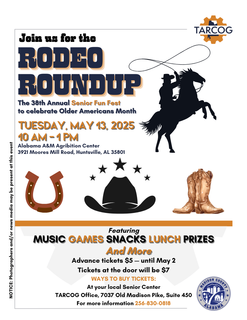 Cowboy on horse with lasso in the air with words providing the date and time of TARCOG