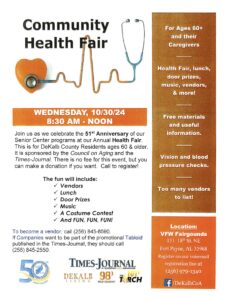 Words describing free Community Health Fair in DeKalb County on Oct. 30 at the VFW Fairgrounds from 8:30 a.m. to noon.
